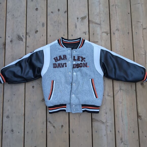 Harley Davidson Bomber Jacket Boys Grey Motorcycle Reversible Leather Sleeve - Picture 1 of 7